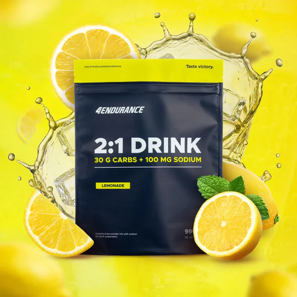Endurance 2:1 Drink mix package with lemon slices on a yellow background