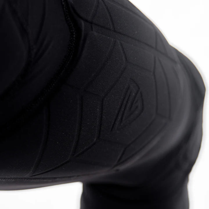 Close-up of a padded knee sleeve with brand logo on a white background