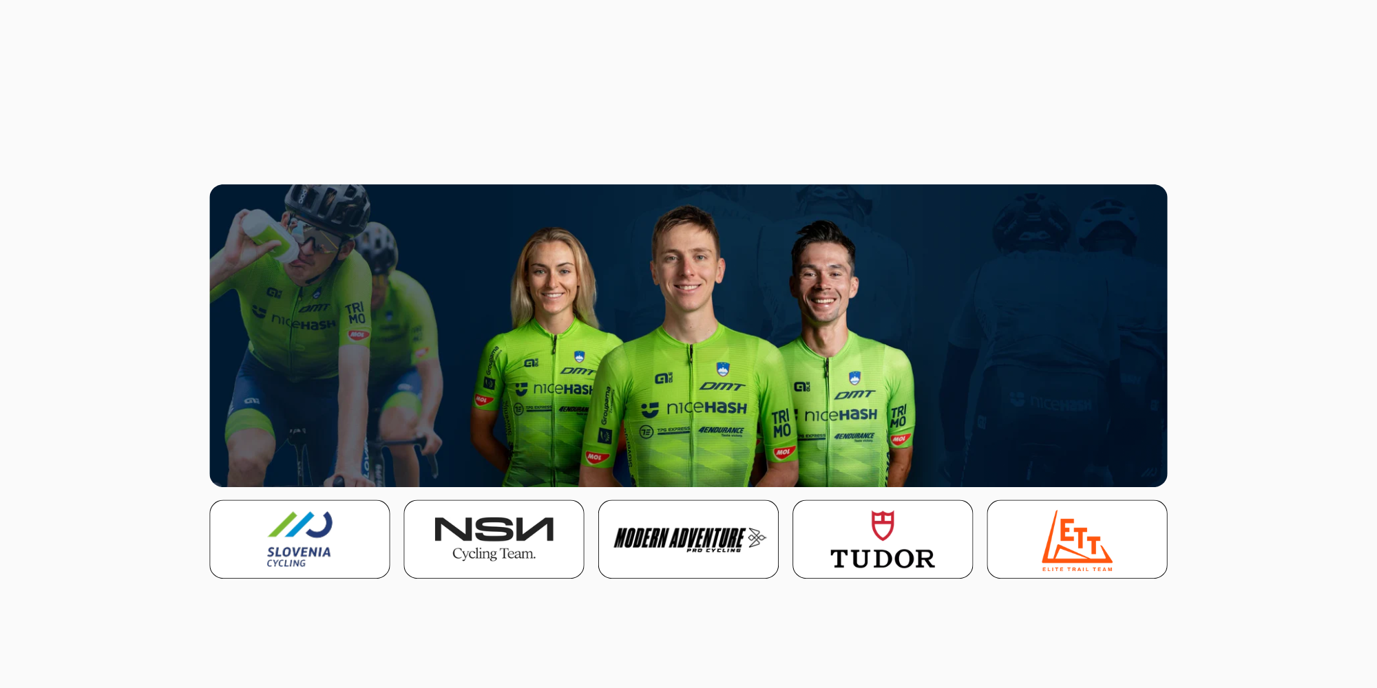 Four people wearing green cycling jerseys with sponsor logos at the bottom.