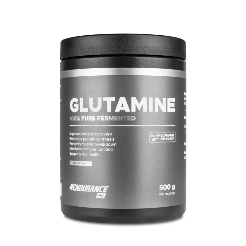 Glutamine supplement container with black and gray design on a white background
