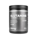 Glutamine supplement container with black and gray design on a white background
