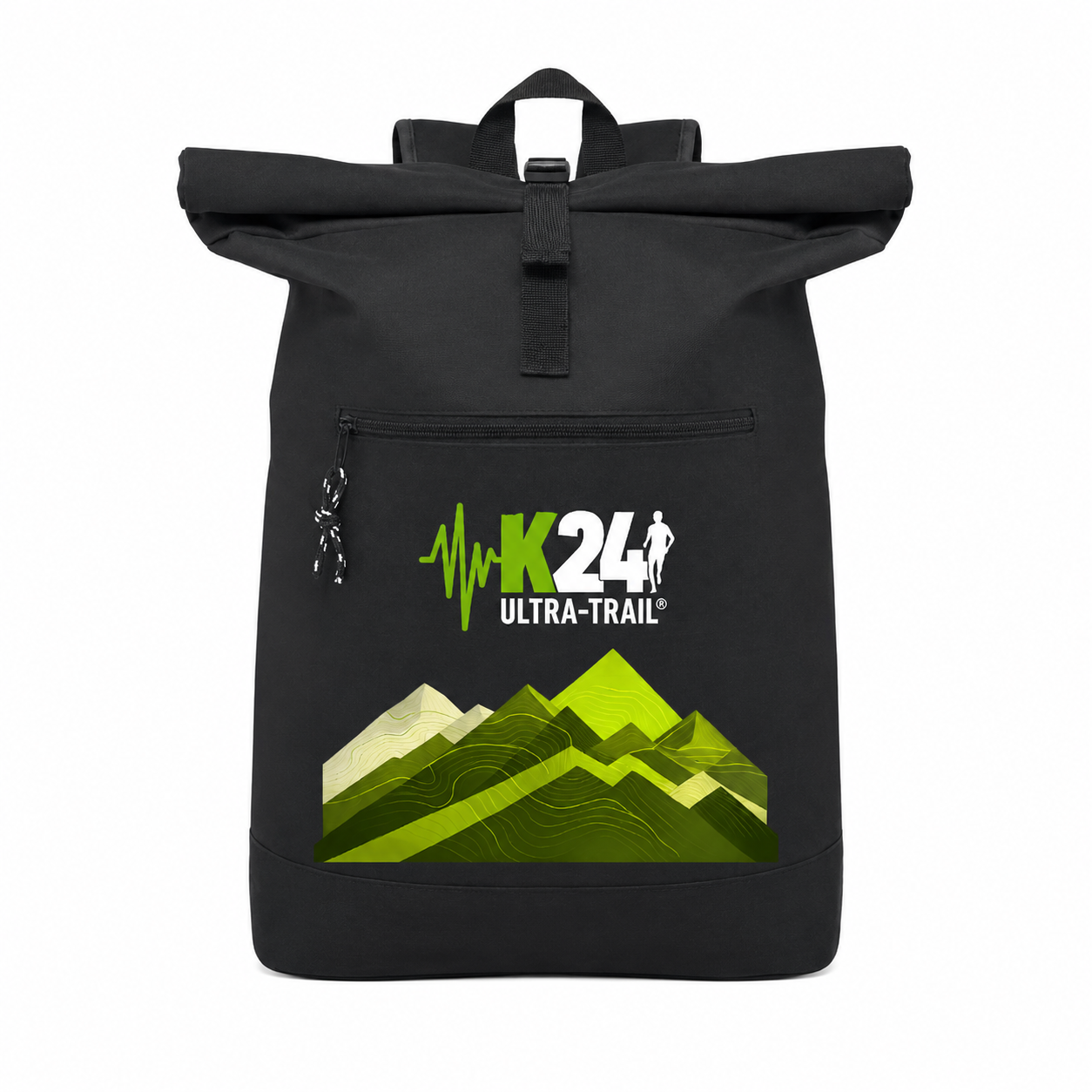 A black roll-top backpack with a front pocket featuring the 'K24 ULTRA-TRAIL' logo and green mountain graphics, shown on a plain white background.