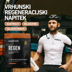 Cyclist holding a Nduranz Regen protein package with text about electrolytes and other nutrients.