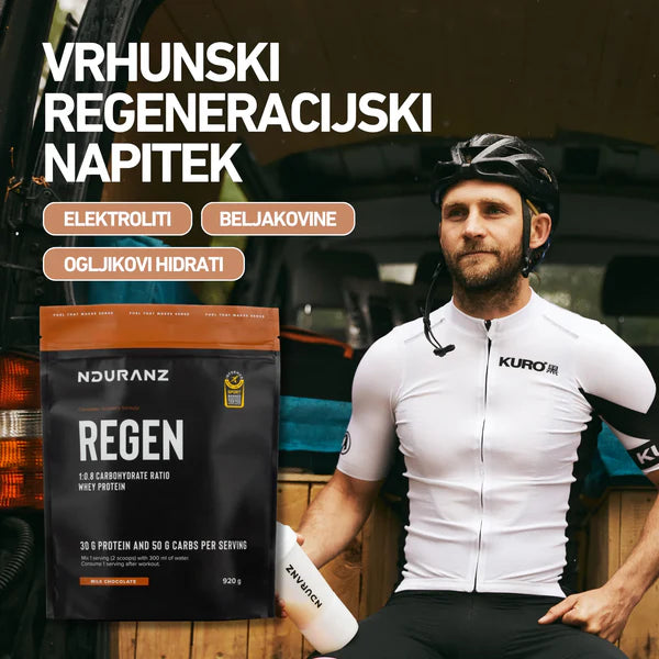Cyclist holding a Nduranz Regen protein package with text about electrolytes and other nutrients.