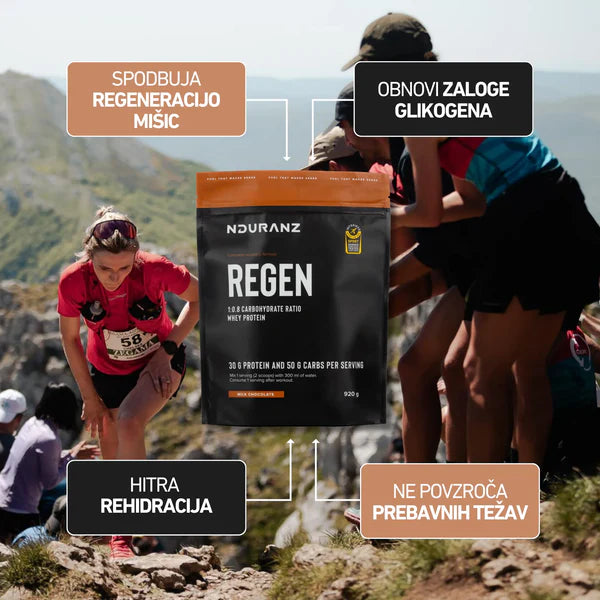 Nduranz Regen supplement package with people on a mountain trail in the background