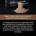 Protein powder with a scoop and text about digestive enzymes on a dark background