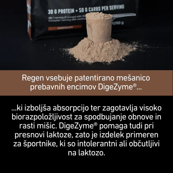 Protein powder with a scoop and text about digestive enzymes on a dark background