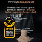 Regen supplement powder with Informed Sport certification label on a dark background