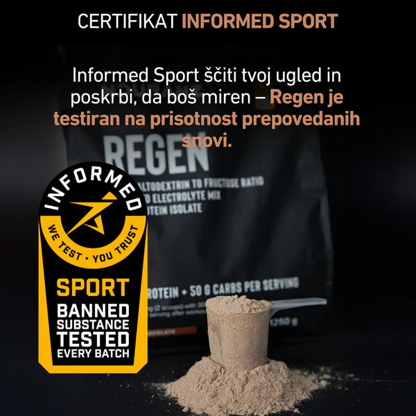 Regen supplement powder with Informed Sport certification label on a dark background