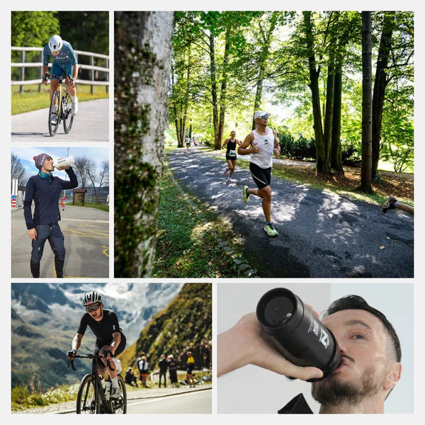 Collage of people cycling and running outdoors, with a focus on hydration.