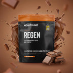 Nduranz Regen whey protein package with chocolate pieces on a brown background