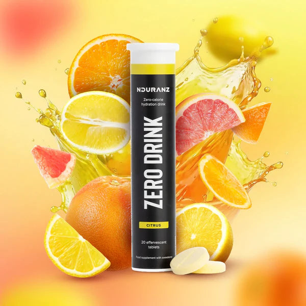 Nouranz Zero Drink Citrus hydration drink tube surrounded by citrus fruits on a colorful background