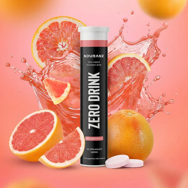 Duranz Zero Drink supplement tube with grapefruit slices on a pink background