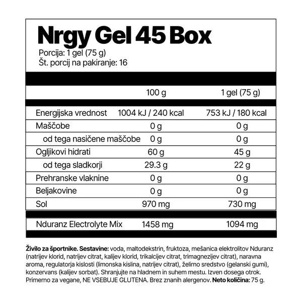 Nutritional label for Nrgy Gel 45 Box packaging