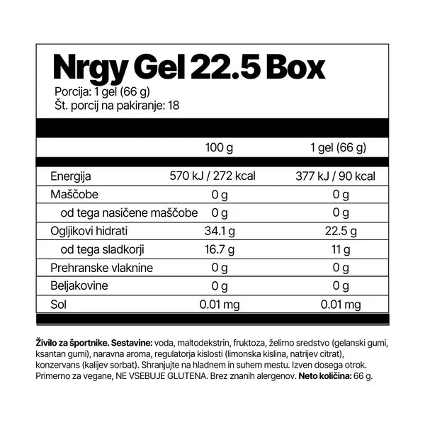 Nutritional label for Nrgy Gel 22.5 Box packaging