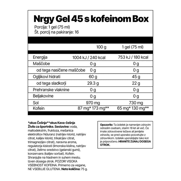 Nutritional label for Nrgy Gel 45 with caffeine on a white background