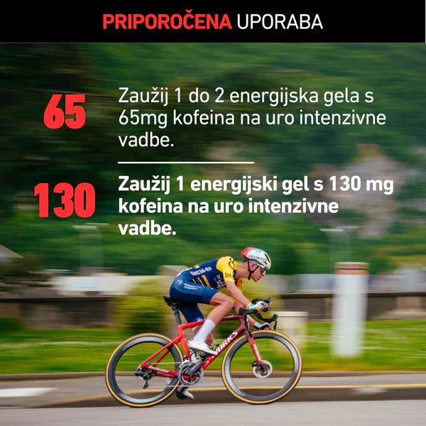 Cyclist on a road with text about energy gel consumption on intense workouts.