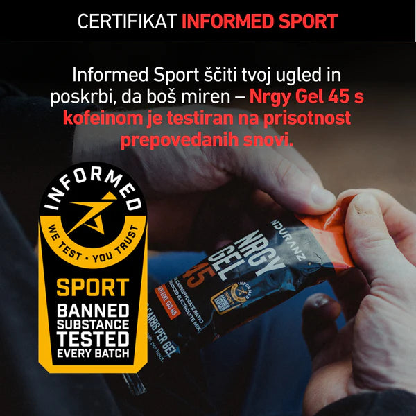 Person holding a supplement package with 'Informed Sport' certification label.