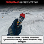Hand holding an energy gel in a snowy landscape with text overlay.