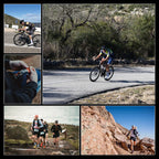 Collage of a person cycling on a road, running on a trail, and using a power meter.