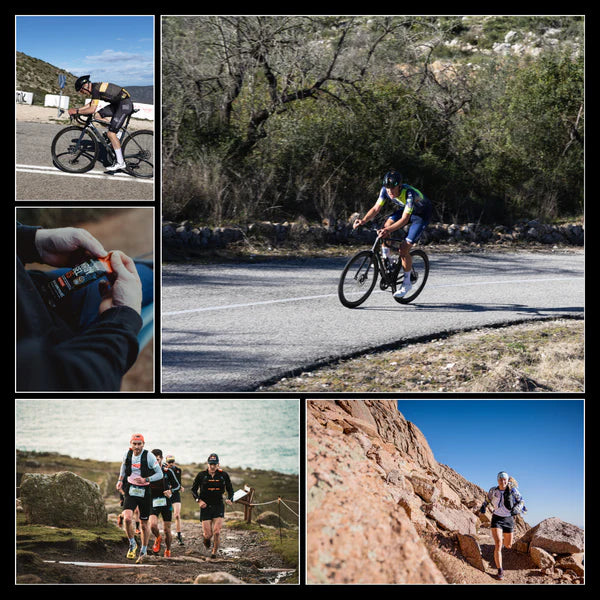 Collage of a person cycling on a road, running on a trail, and using a power meter.