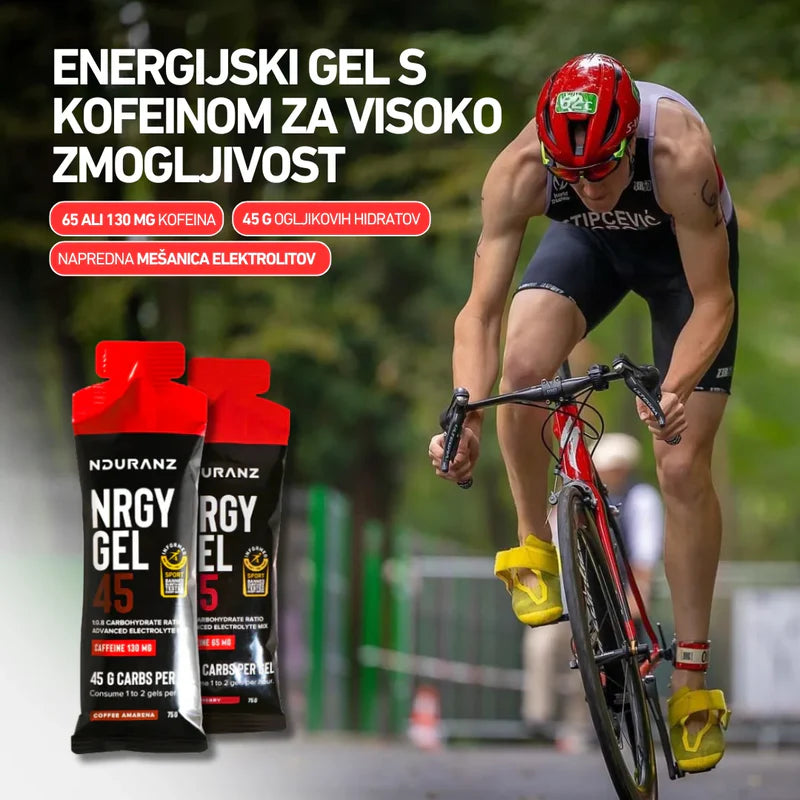 Person cycling with Nduranz energy gel packaging in the foreground