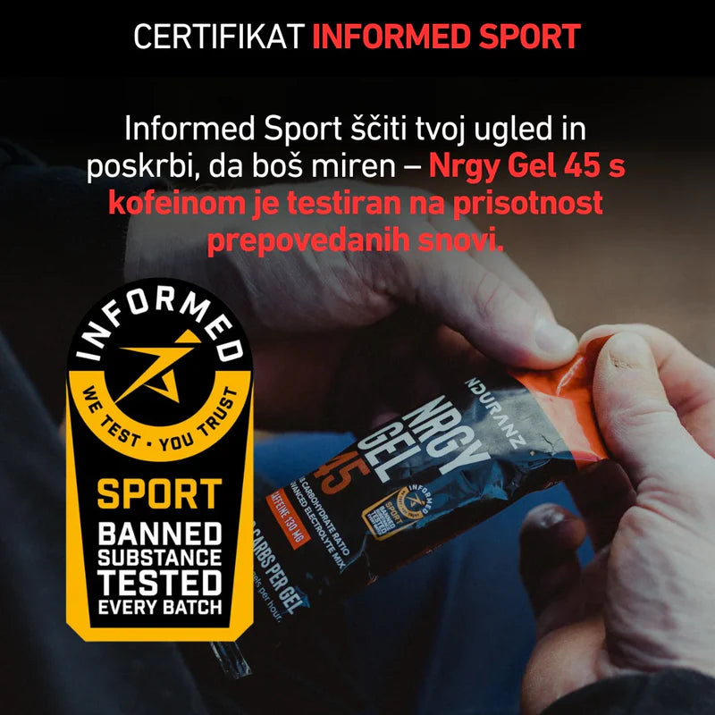 Person holding a supplement package with 'Informed Sport' certification label.