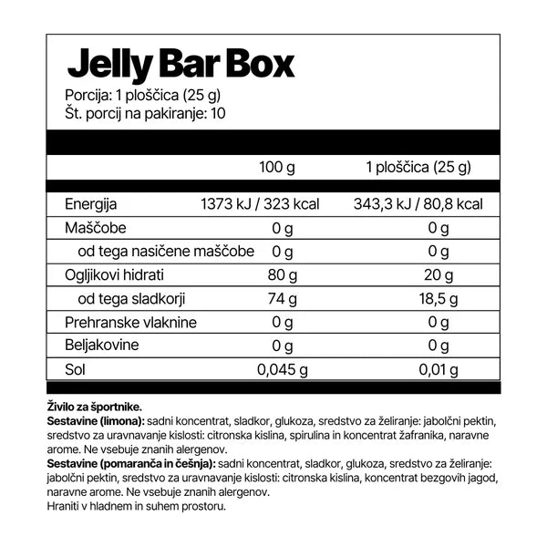 Nutritional information label for Jelly Bar Box on a white background