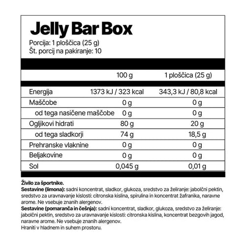 Nutritional information label for Jelly Bar Box on a white background