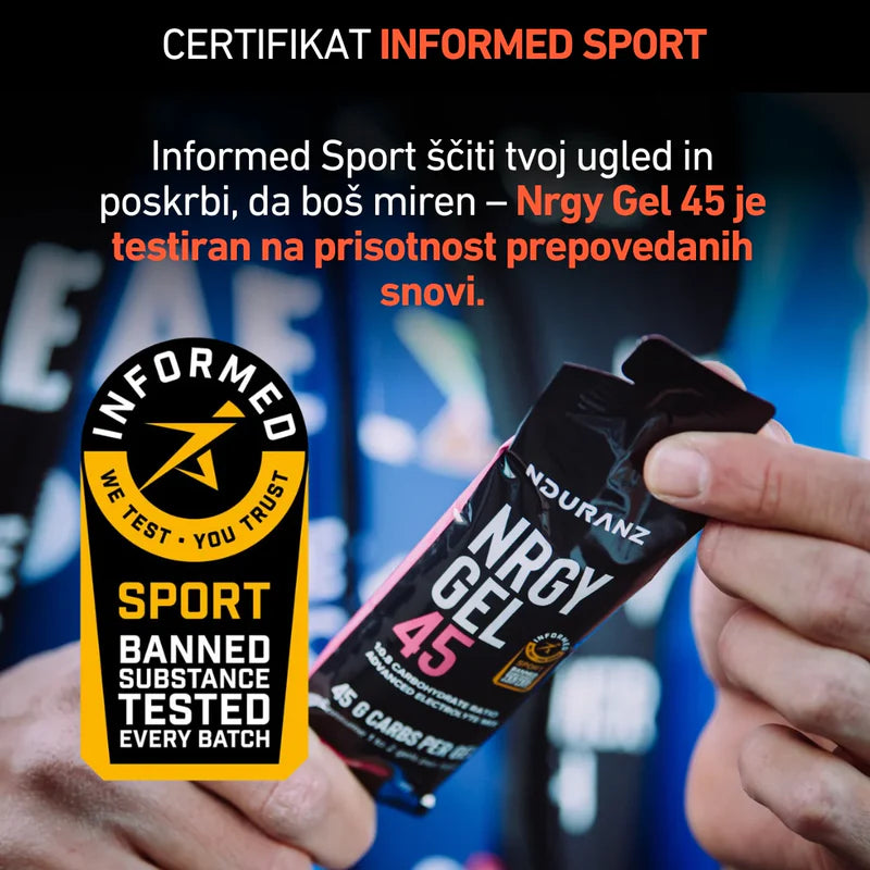 Person holding a Durbanz NRGY Gel 45 with Informed Sport certification label.