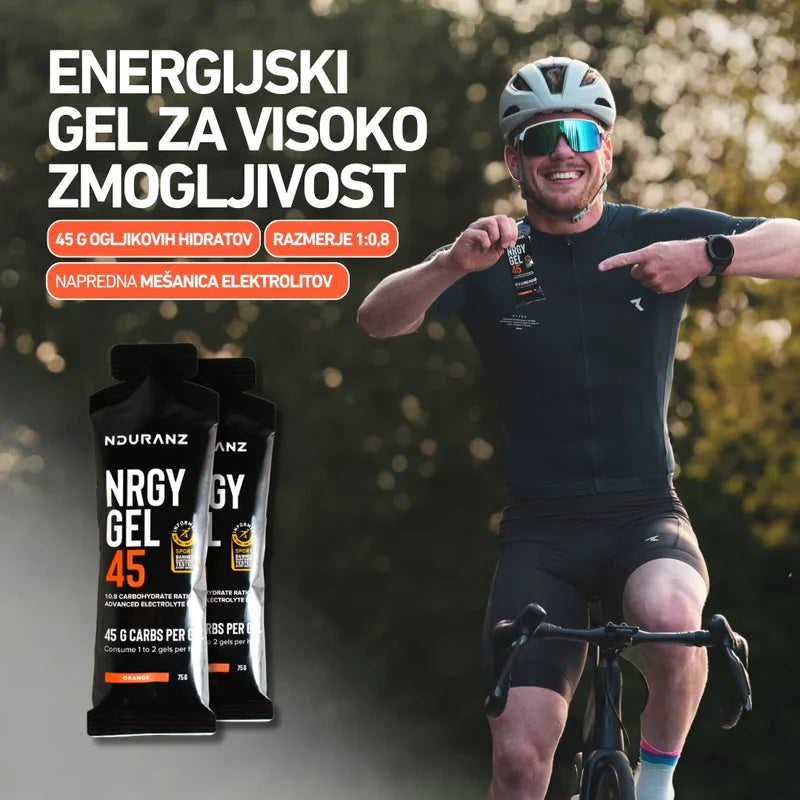 Man on a bicycle pointing to energy gel packages with text about energy gel for high performance.