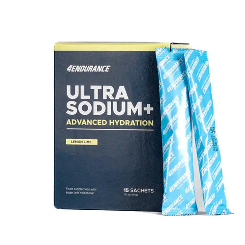 Endurance Ultra Sodium+ Advanced Hydration package with a blue and white sachet on a white background