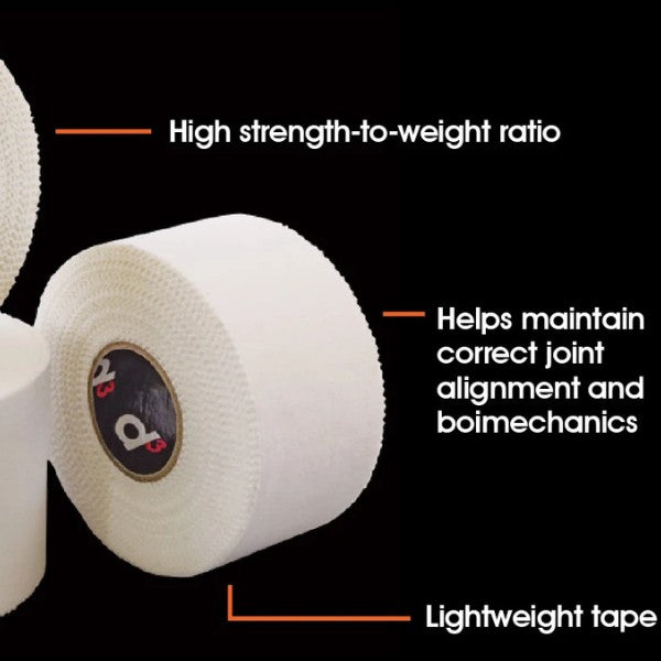Roll of white tape with text highlighting its features on a black background