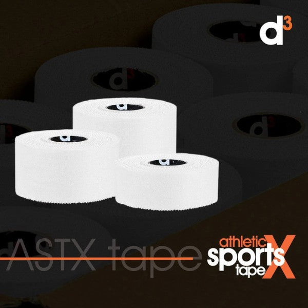 Three rolls of athletic sports tape on a dark background with 'd3' and 'ASTX tape' branding.