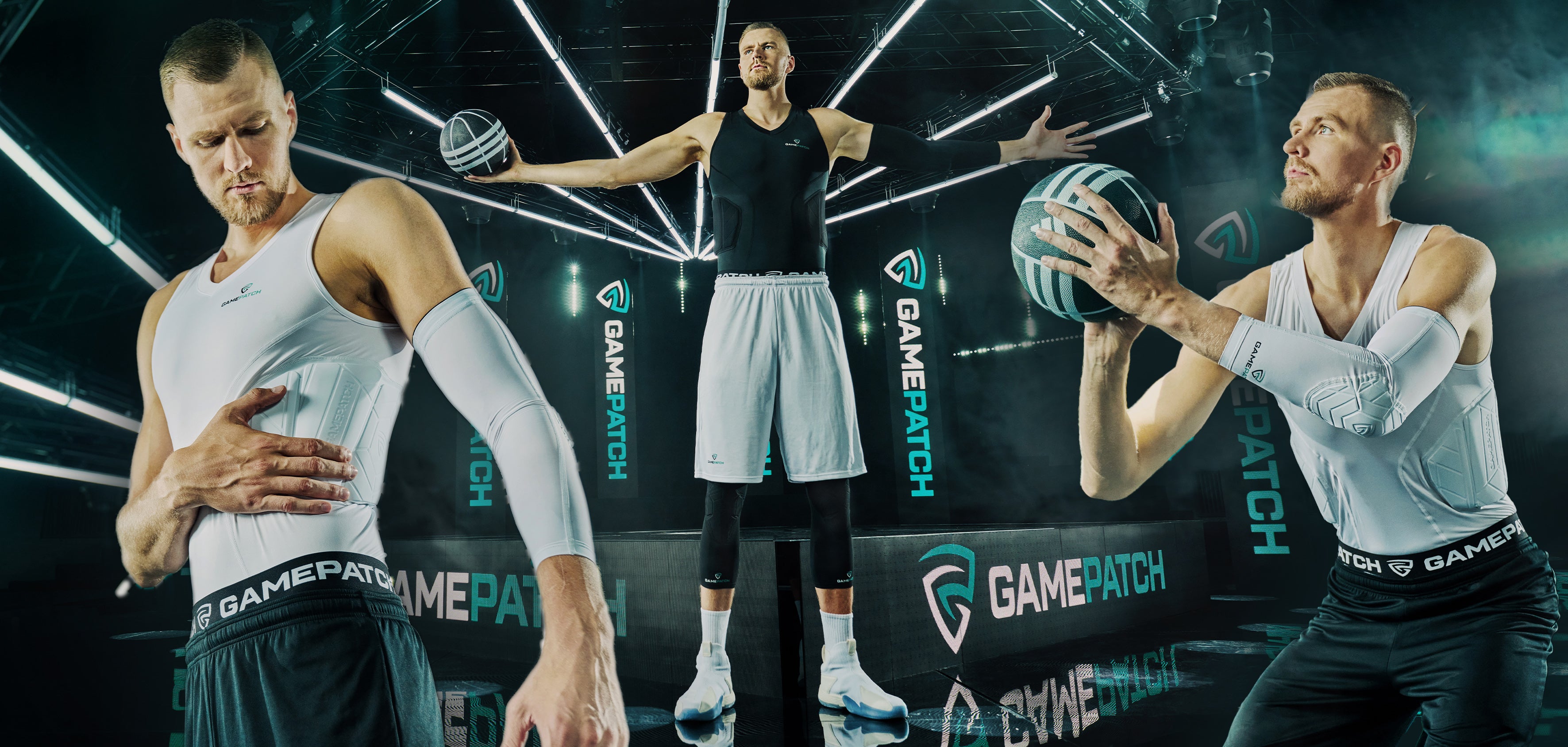 Three basketball players in action with 'Gamepatch' branding in the background