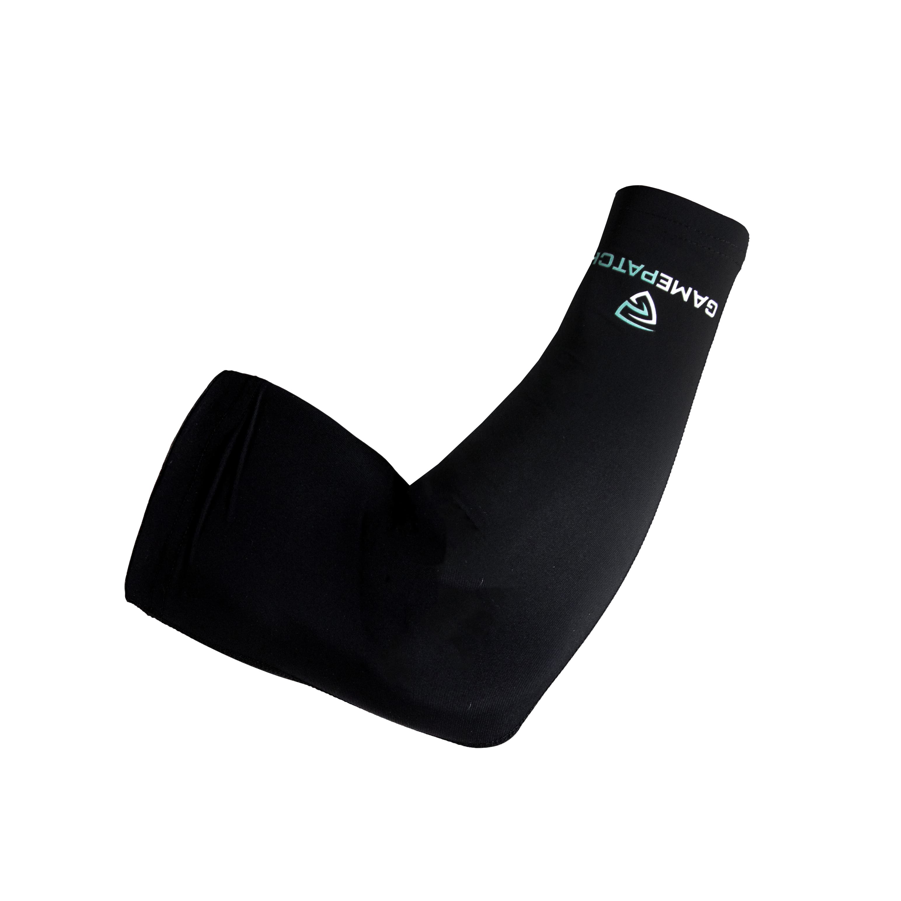Black arm sleeve with a brand logo on a white background
