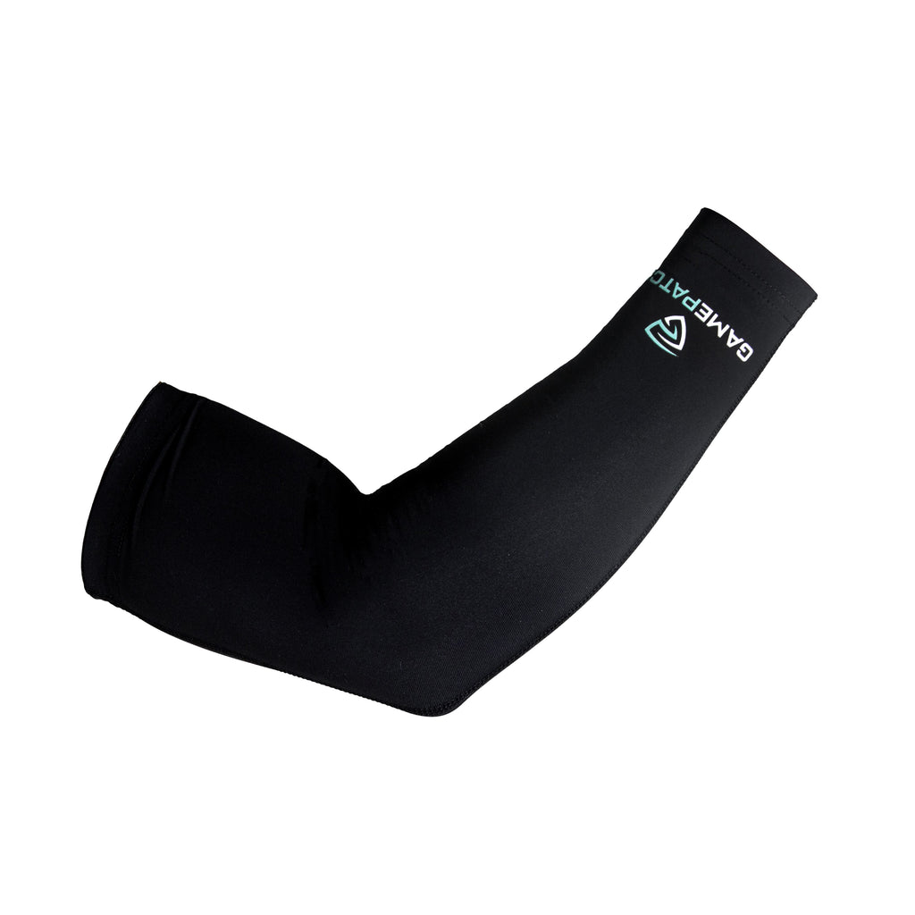 Black arm sleeve with a brand logo on a white background
