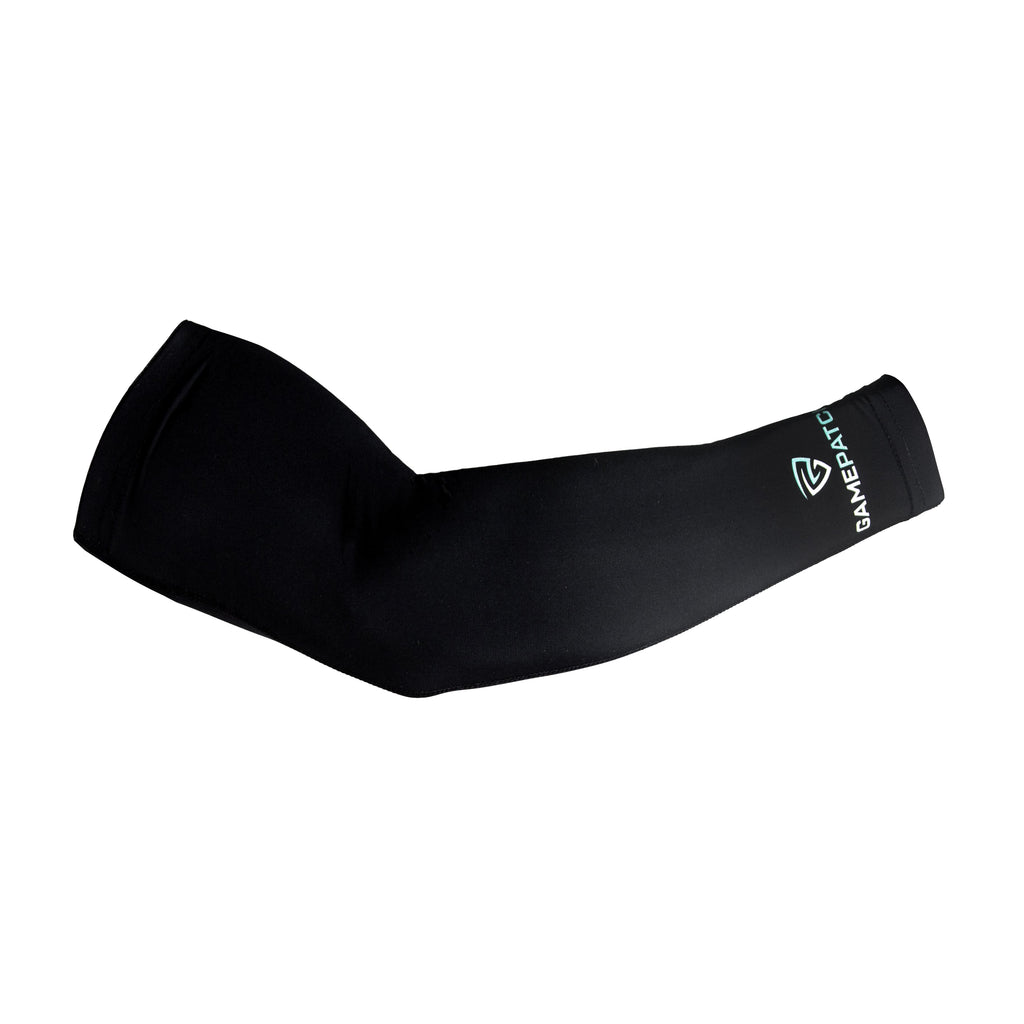 Black arm sleeve with a brand logo on a white background