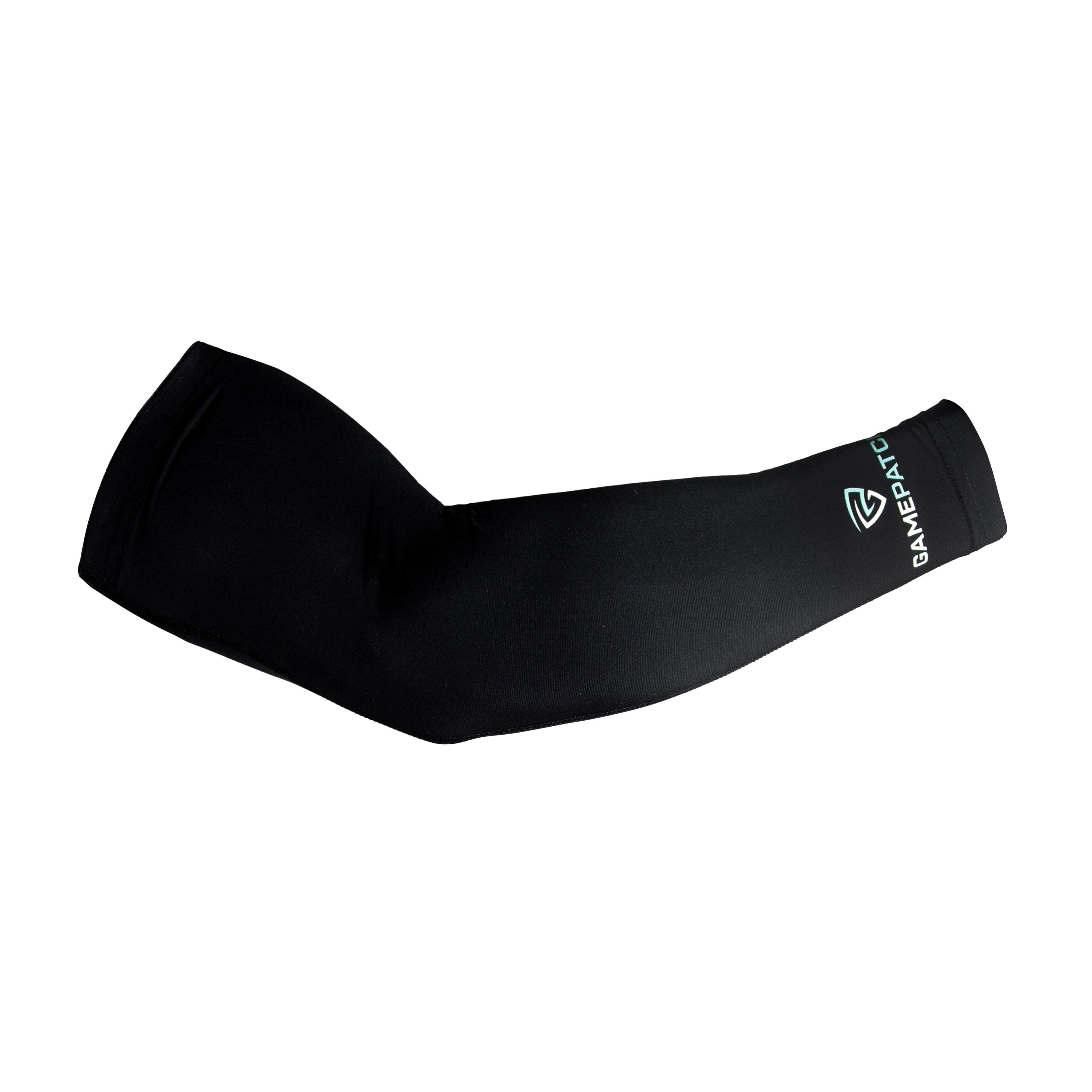 Black arm sleeve with a brand logo on a white background