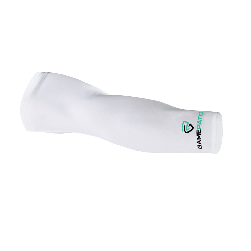 White arm sleeve with a brand logo on a white background