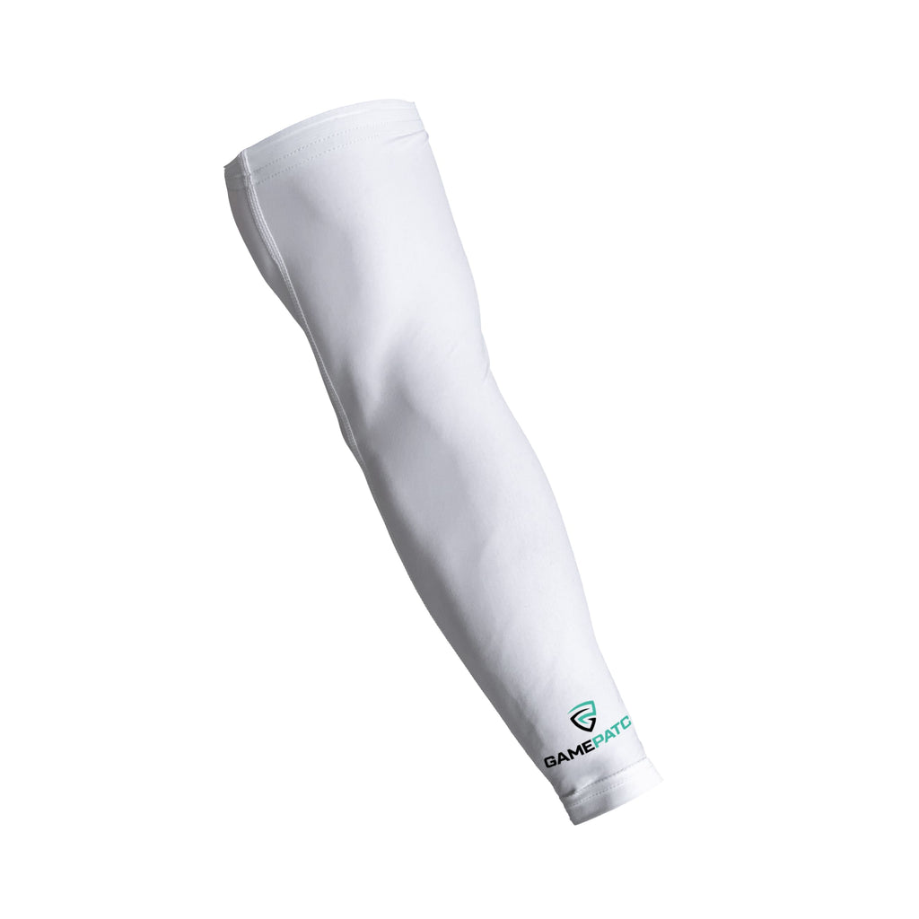 White arm sleeve with a brand logo on a white background