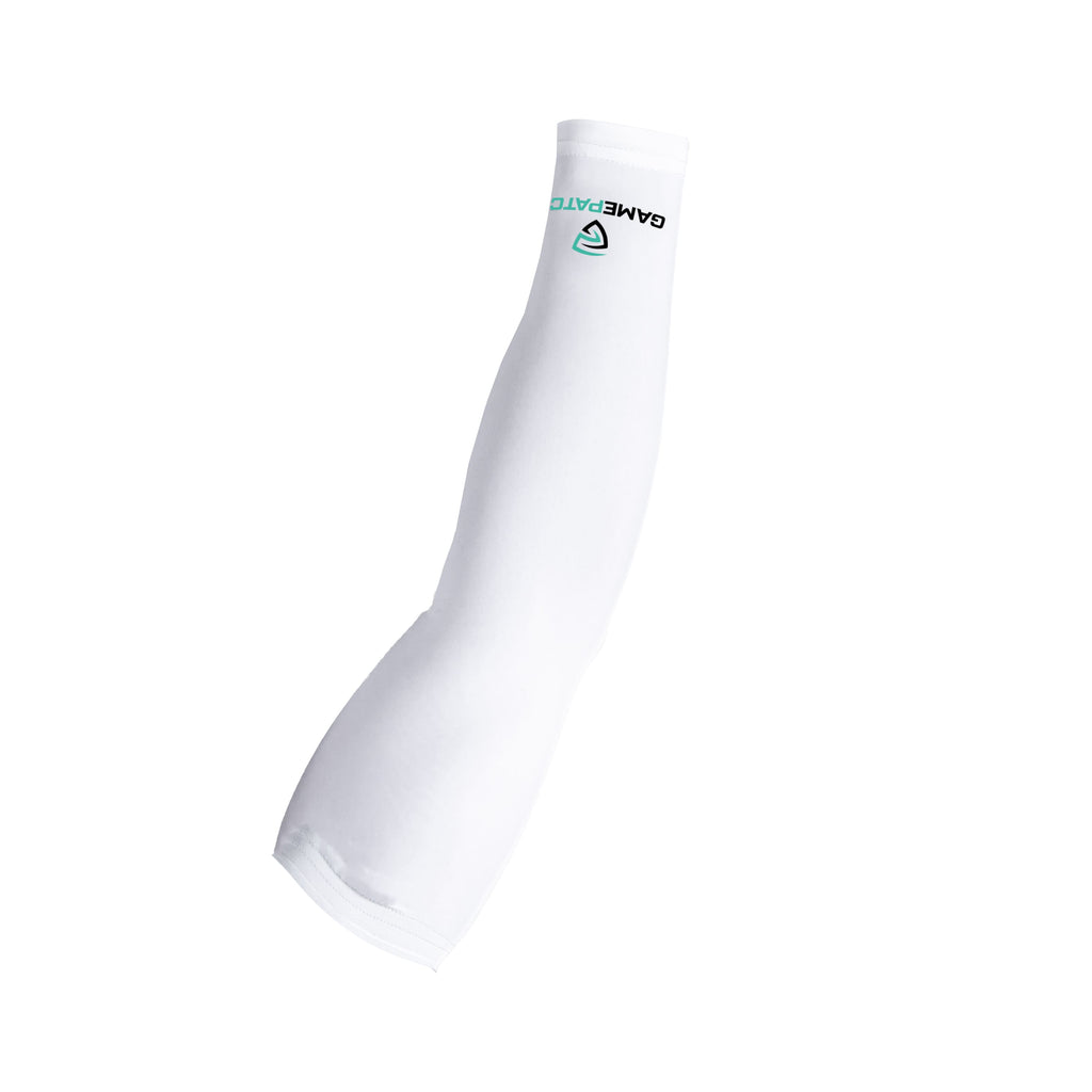 White arm sleeve with a brand logo on a white background