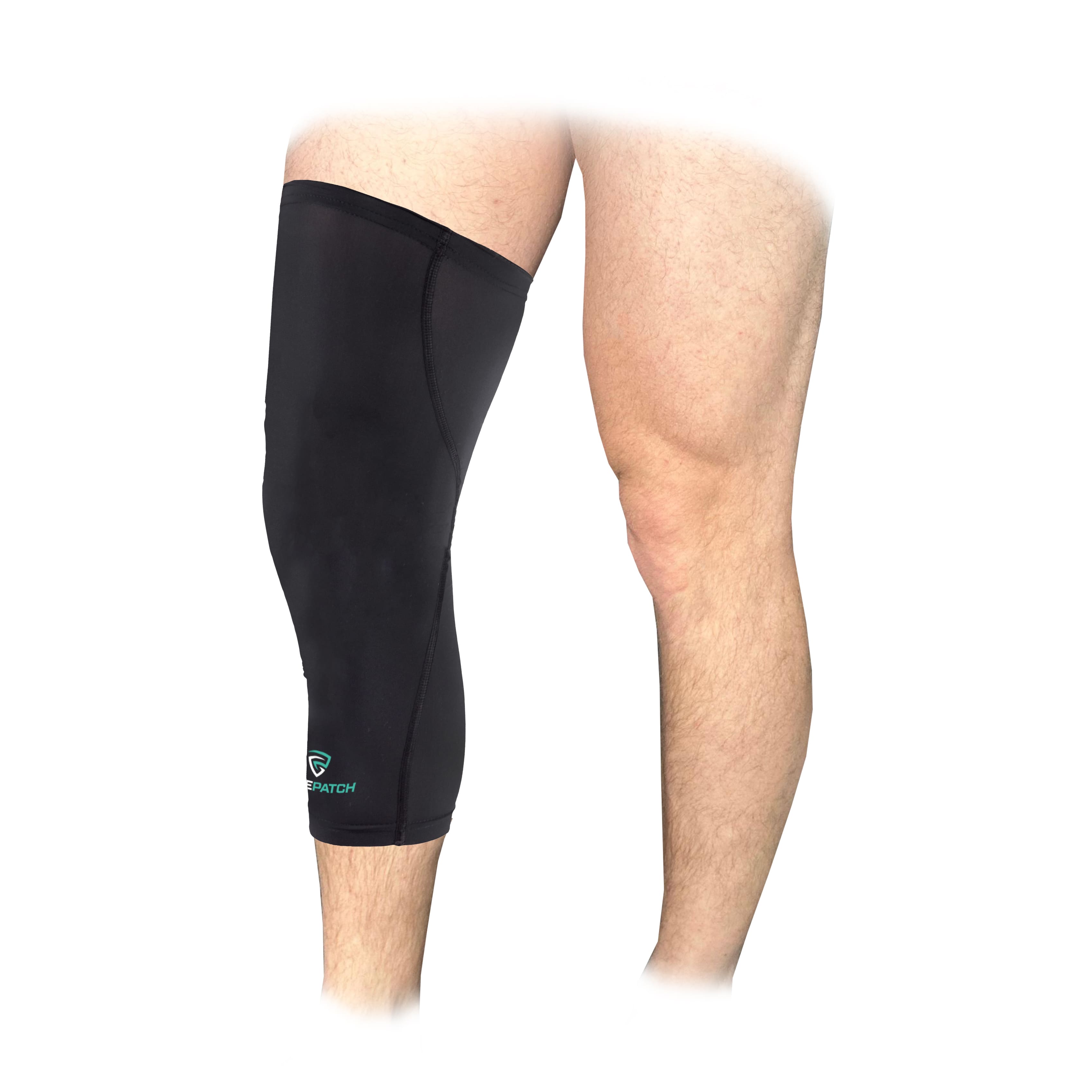 Black leg sleeve on a person's leg with a white background