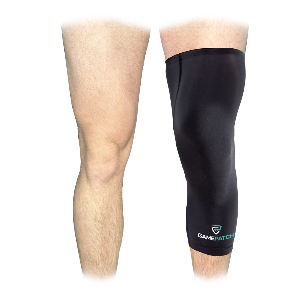 Black leg sleeve on a person's knee with 'GamePatcher' branding.