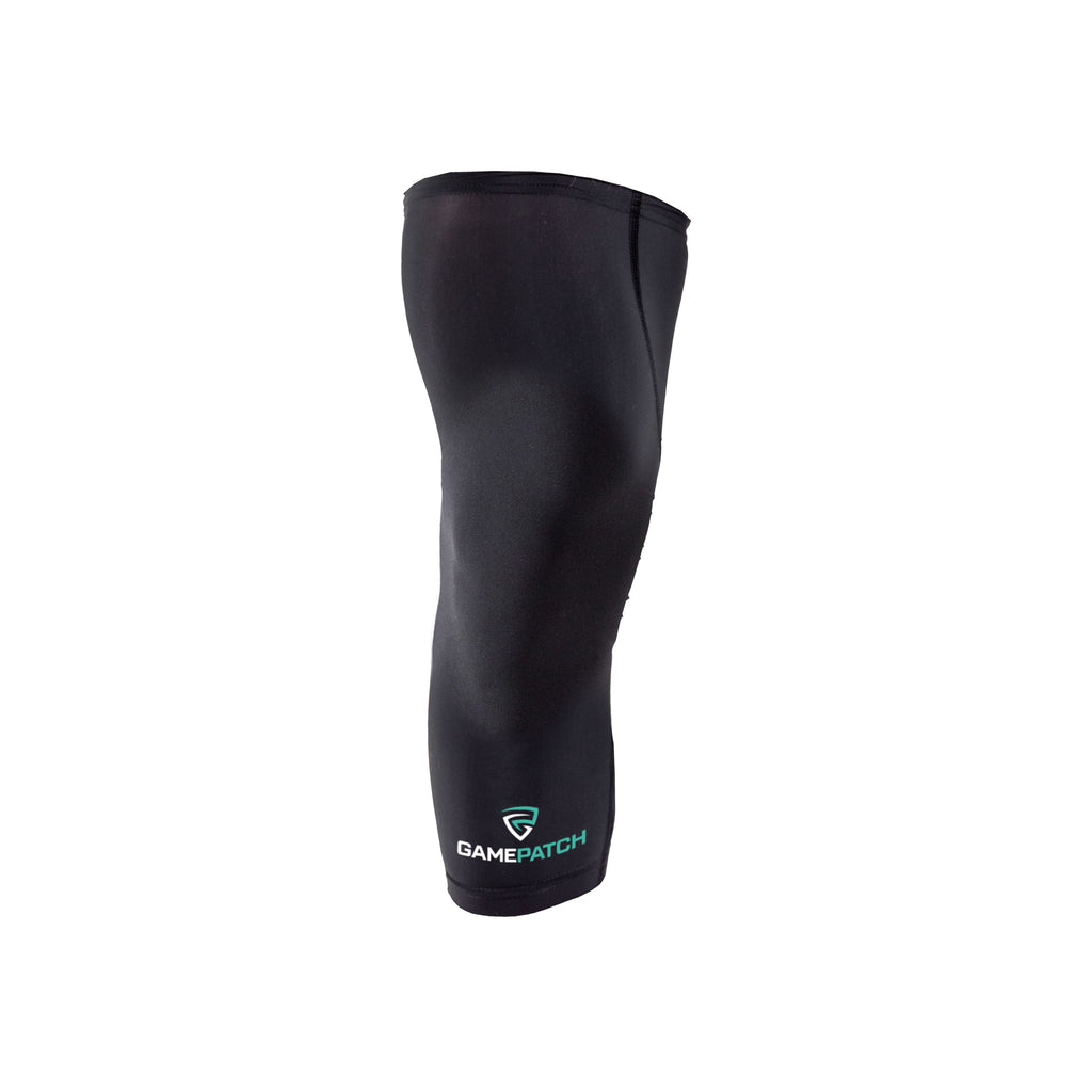 Black leg sleeve with GamePatch logo on a white background