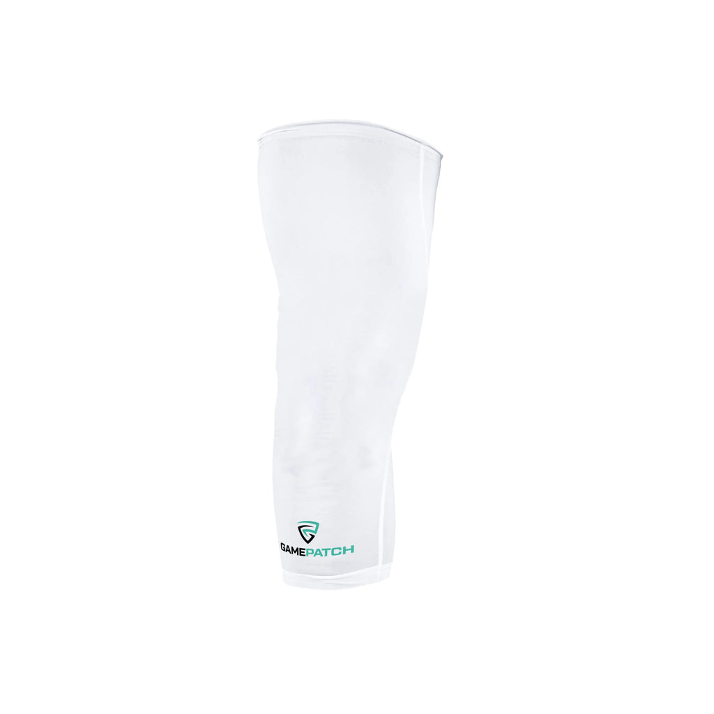 White leg sleeve with a brand logo on a white background