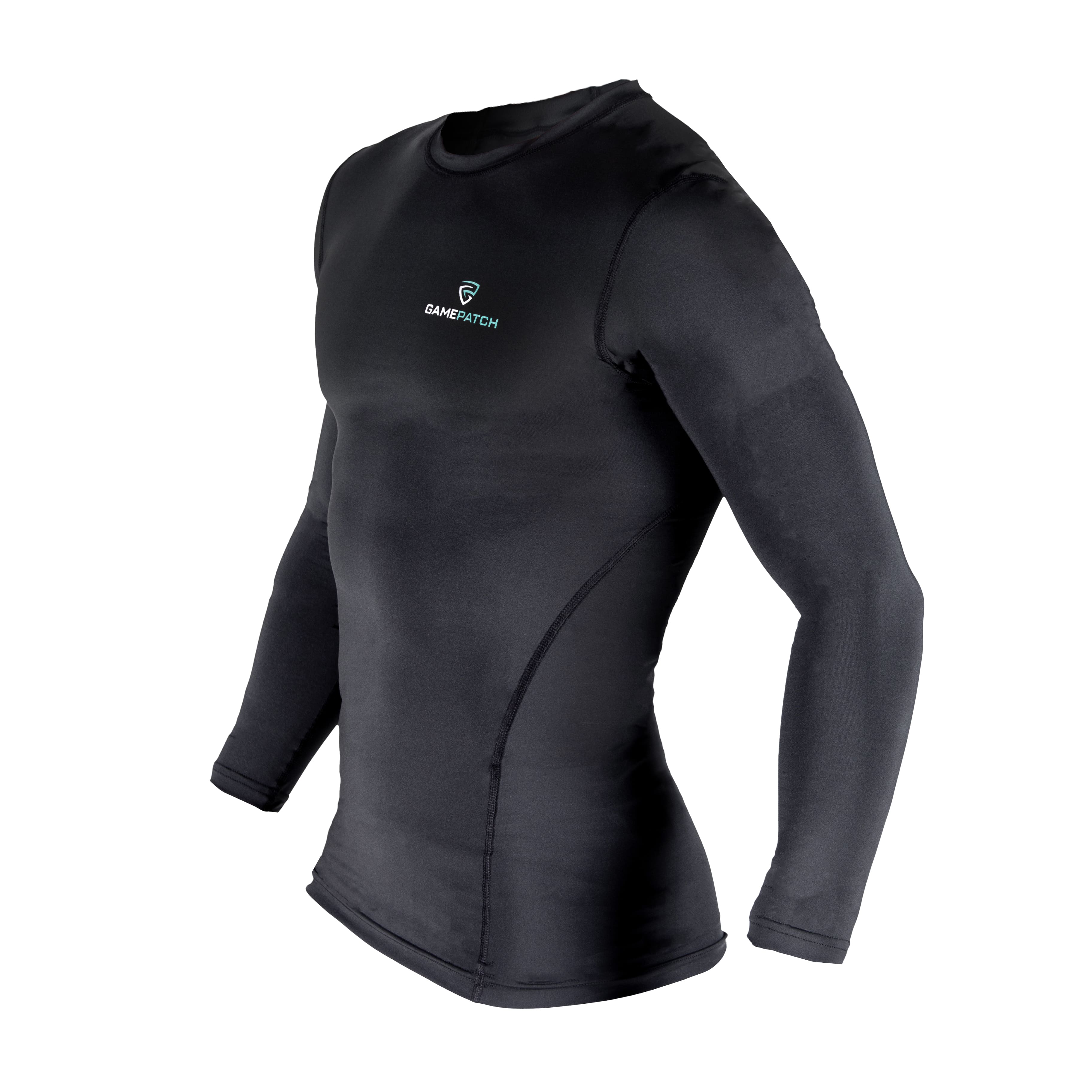 Black long-sleeve athletic shirt with a brand logo on a white background