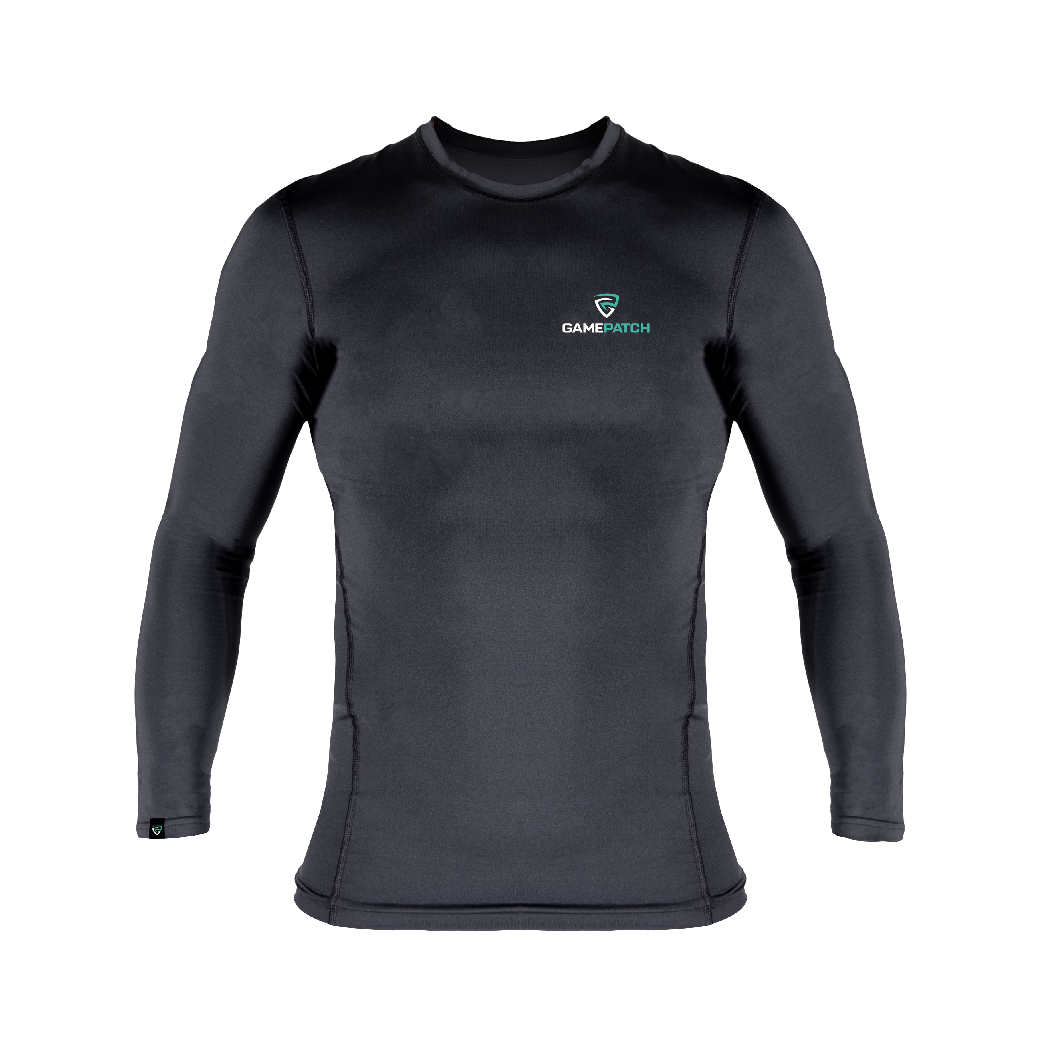 Black long-sleeve shirt with a logo on a white background