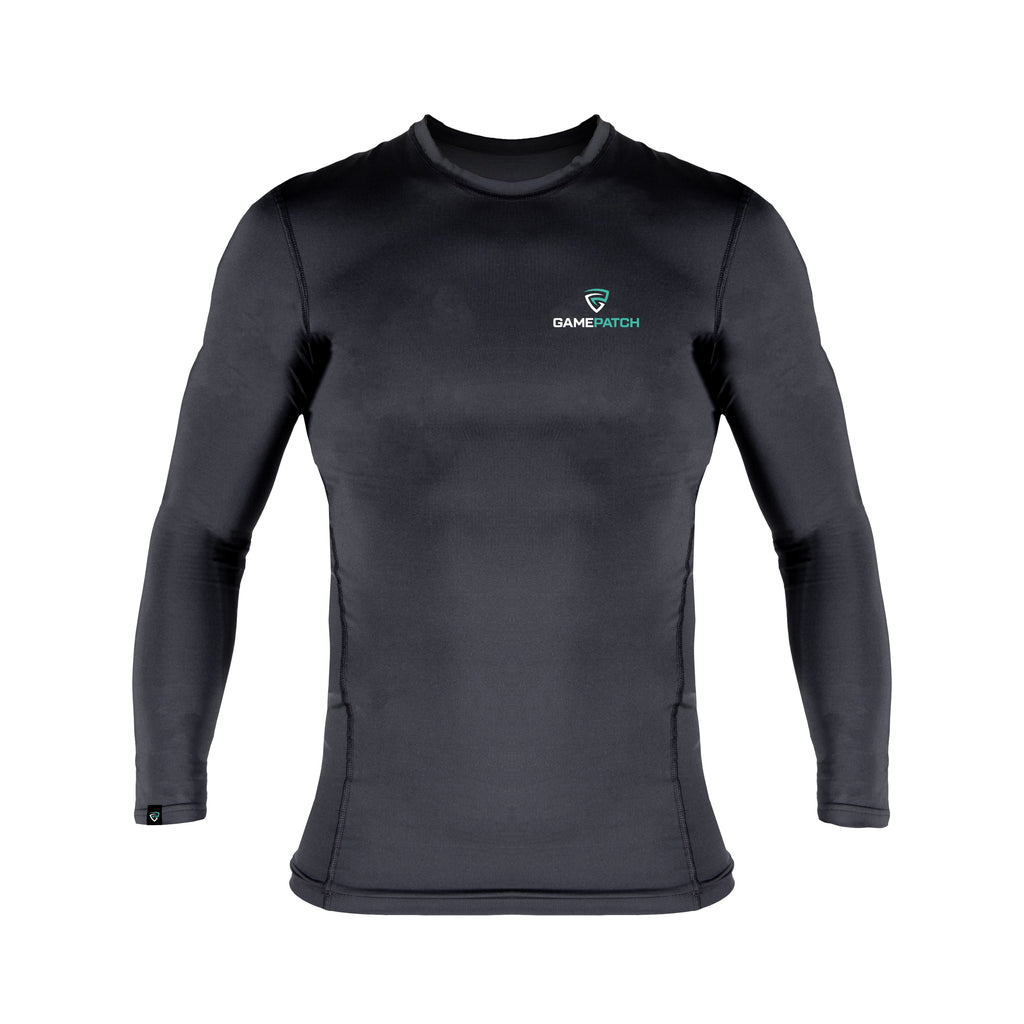 Black long-sleeve shirt with a logo on a white background