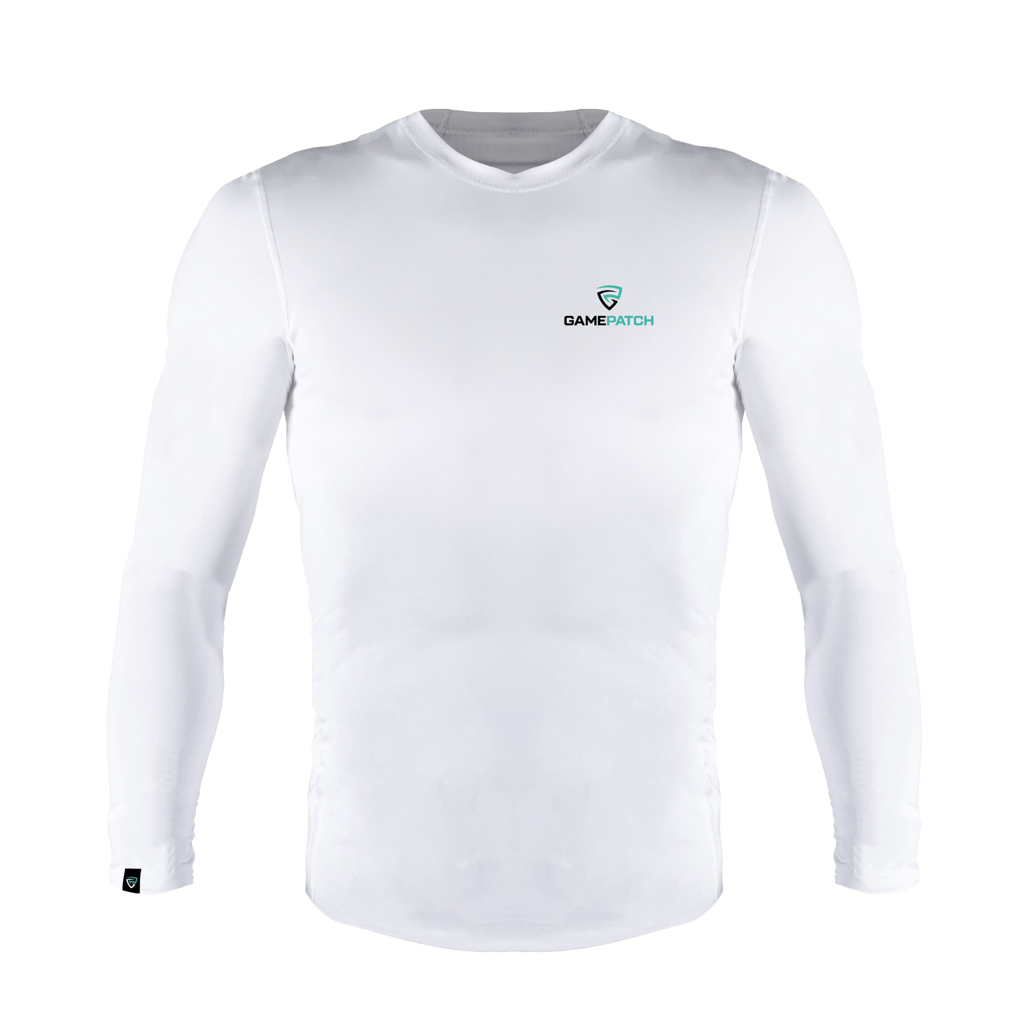 White long-sleeve shirt with a logo on a white background
